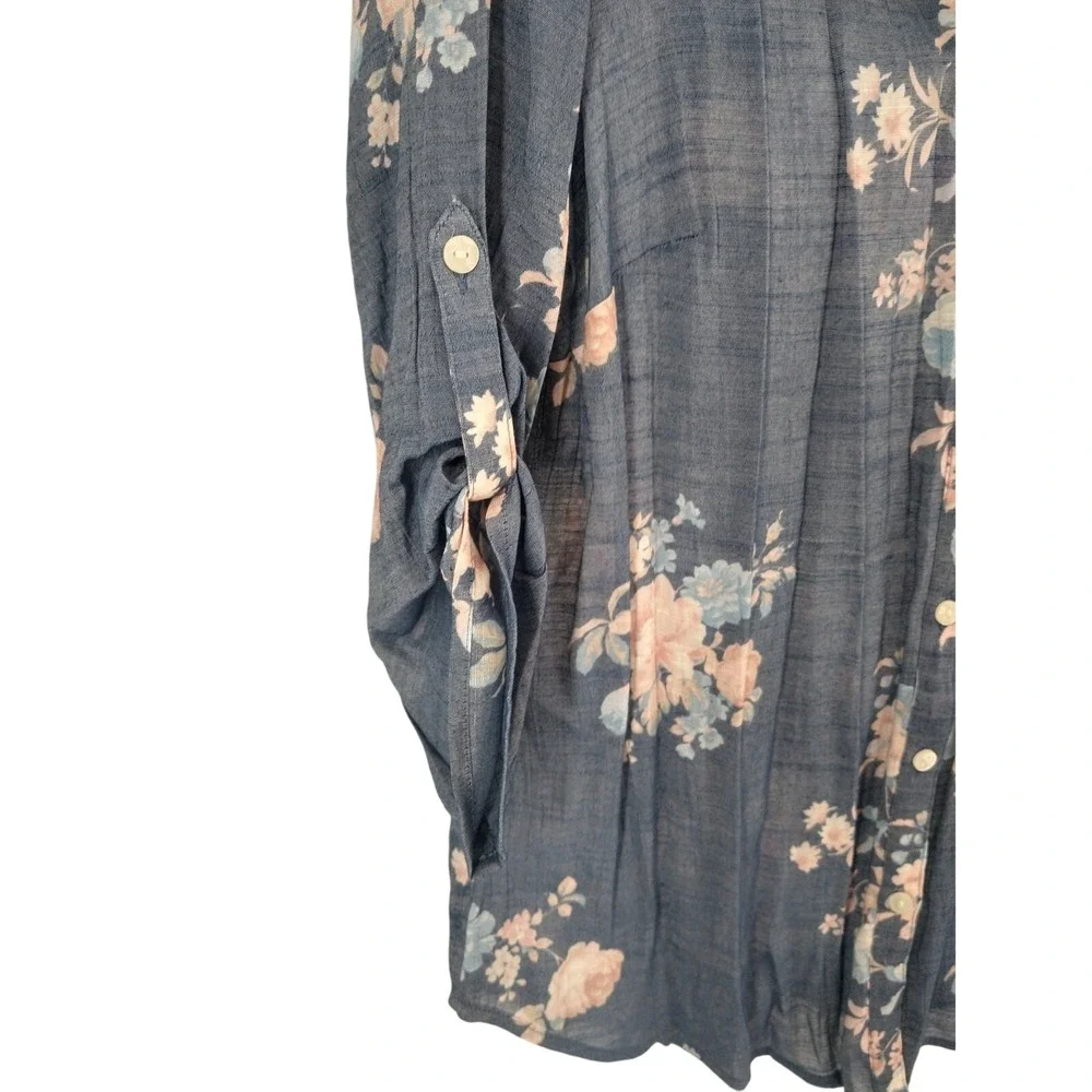 Chico's Blouse Top 1 M Floral Print Button Front‎ Tab Sleeve Boho Blue Peach